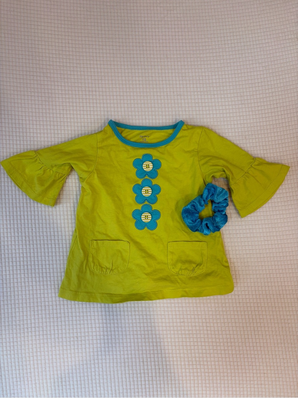 Y2K-Style Lime Green Neon Blue Flower Striped Button Bell Sleeve Shirt